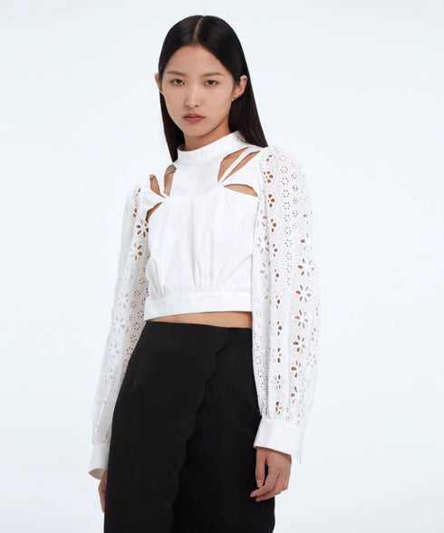 Cut Out Lace Sleeve Blouse